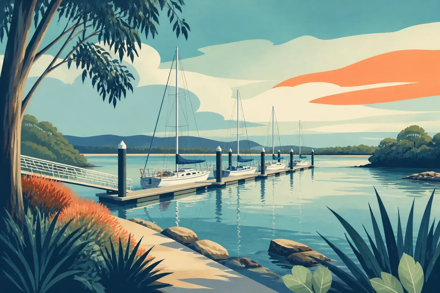 Editorial sailing illustration for Boyds Bay Finger Wharf
