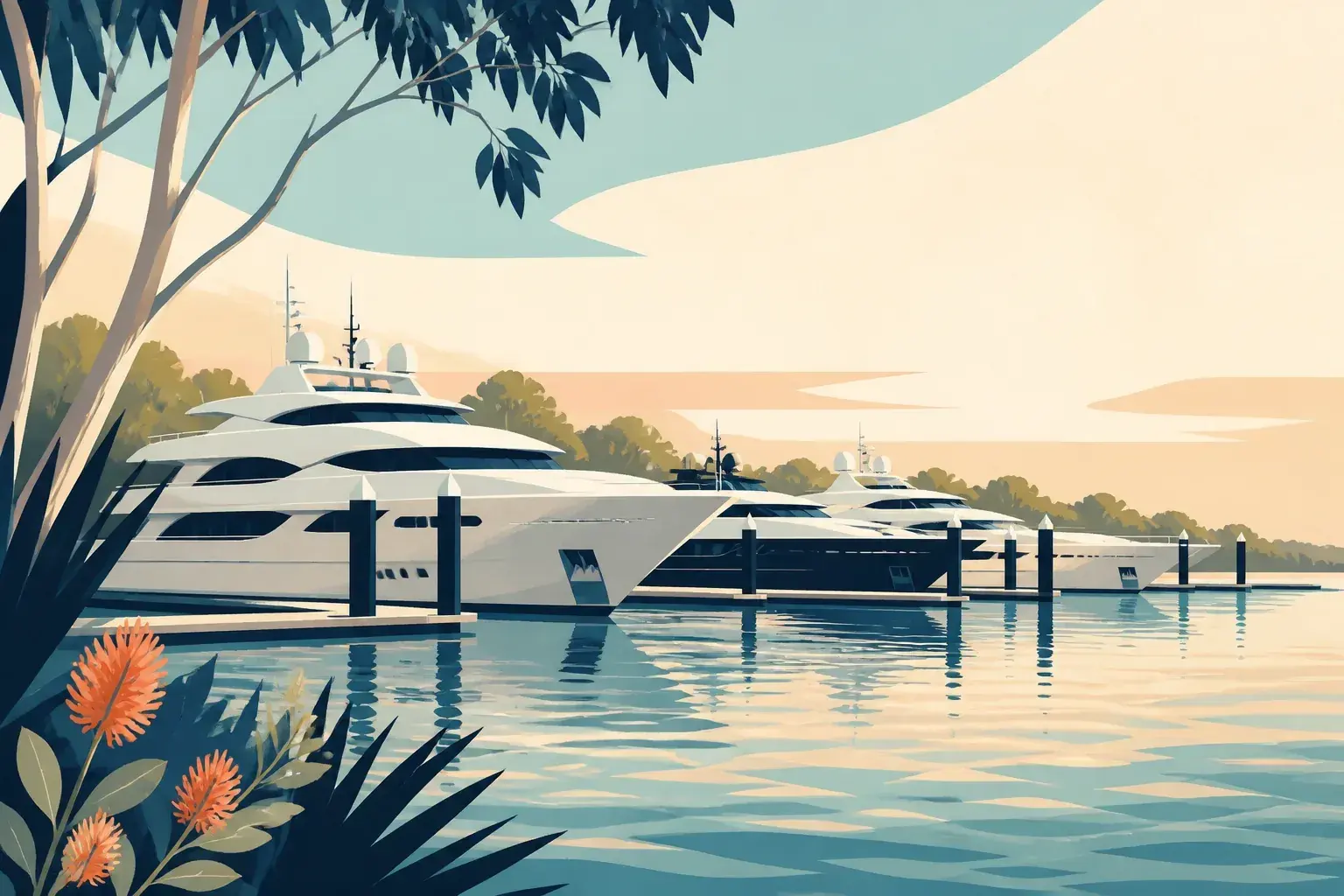 Editorial sailing illustration for Rivergate Marina & Shipyard