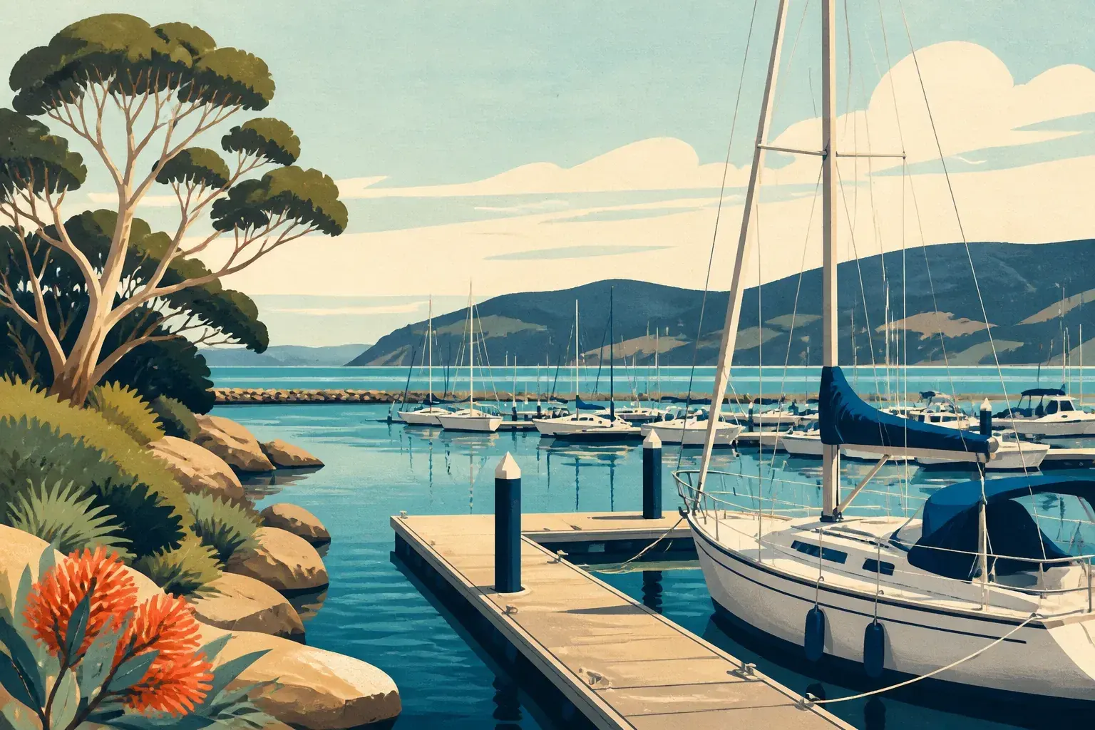 Editorial sailing illustration for Albany Waterfront Marina