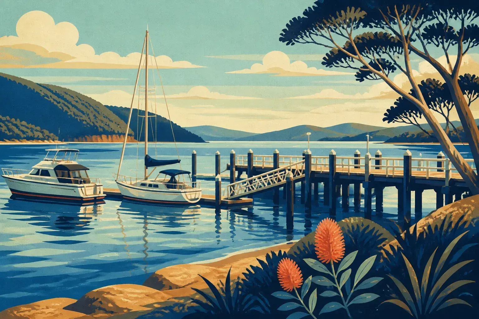Editorial sailing illustration for Strahan Wharf