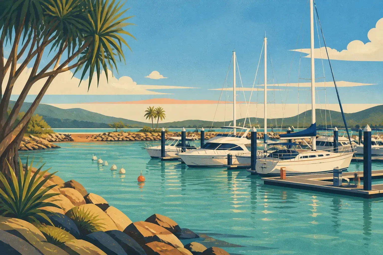 Editorial sailing illustration for Bowen Marina