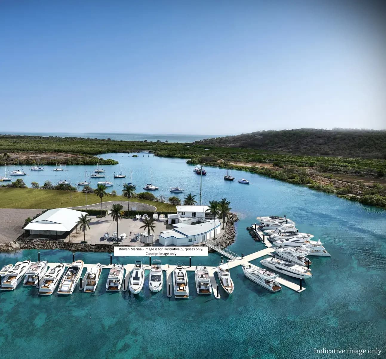 Aerial view of a marina with multiple boats docked, surrounded by clear blue water and greenery. Several buildings and palm trees are visible near the shore. The image is labeled as a concept for Bowen Marina.