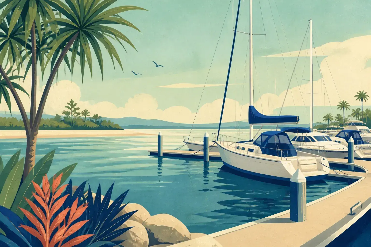 Editorial sailing illustration for Pelican Waters Marina