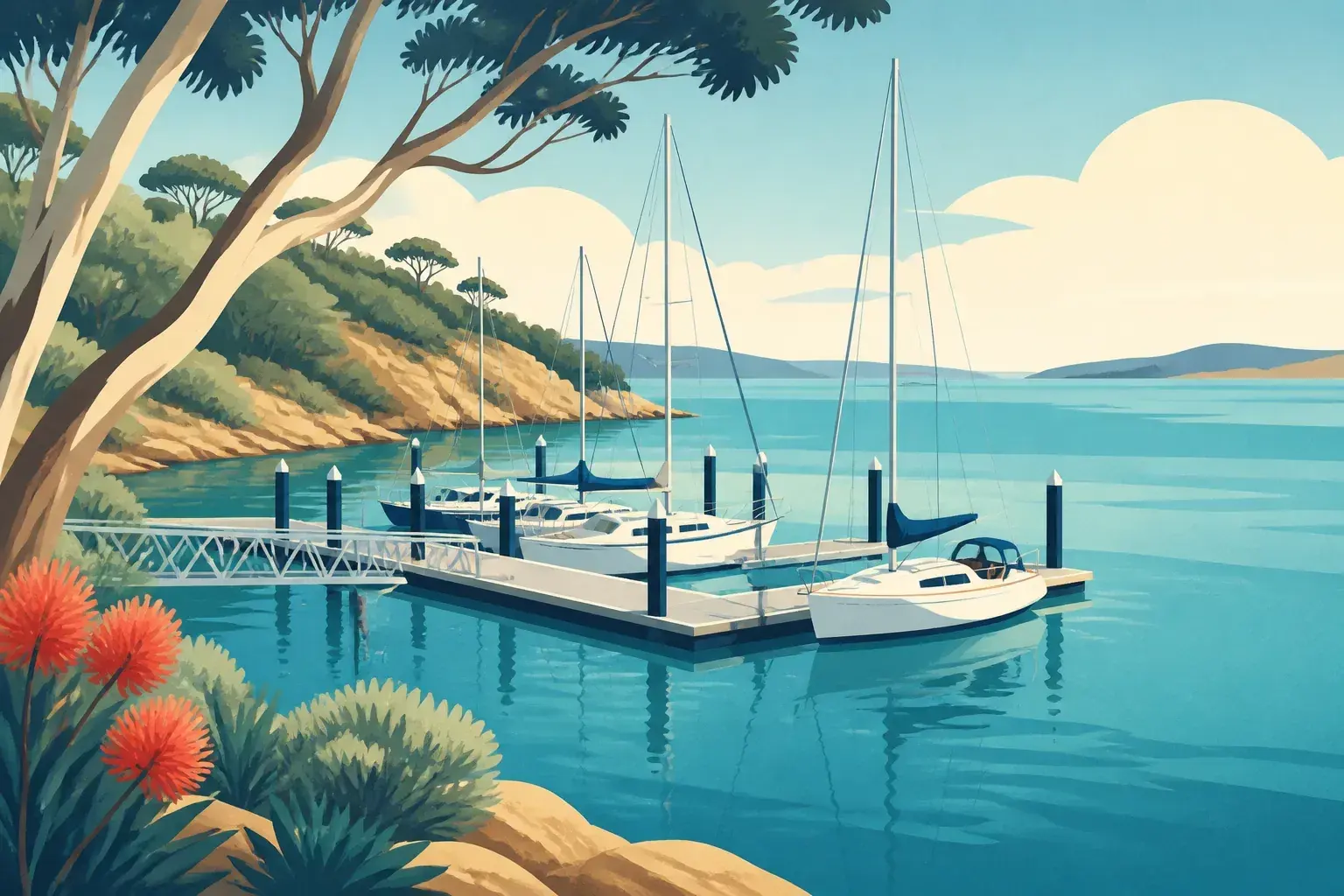 Editorial sailing illustration for Christmas Cove Marina