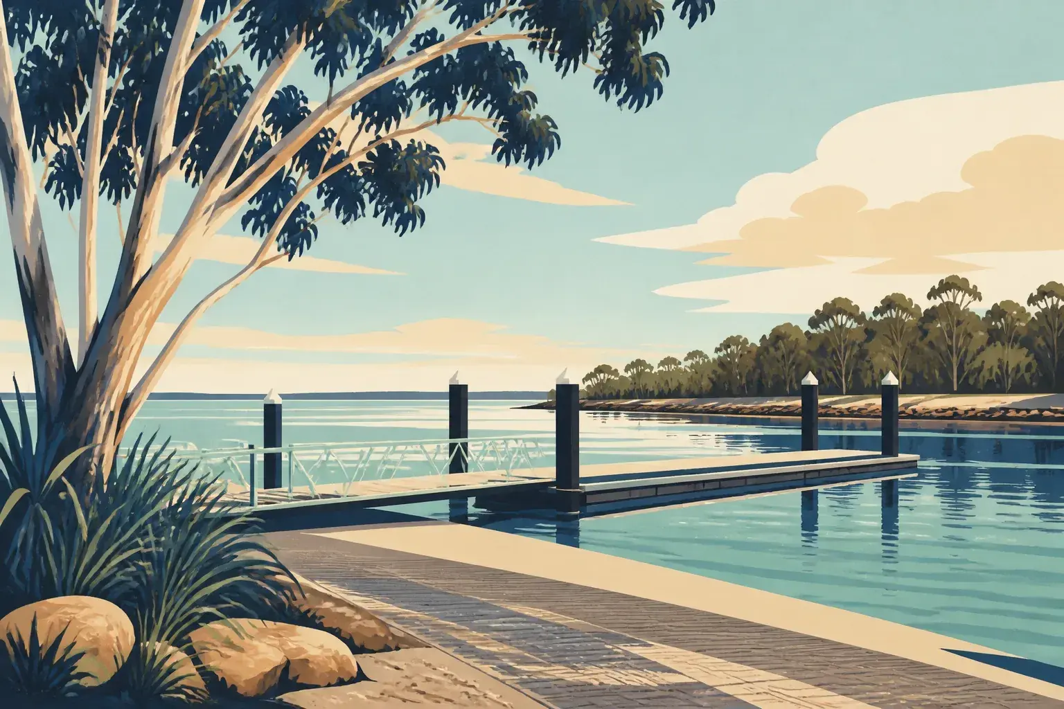 Editorial sailing illustration for Evans Landing Boat Ramp & Pontoon