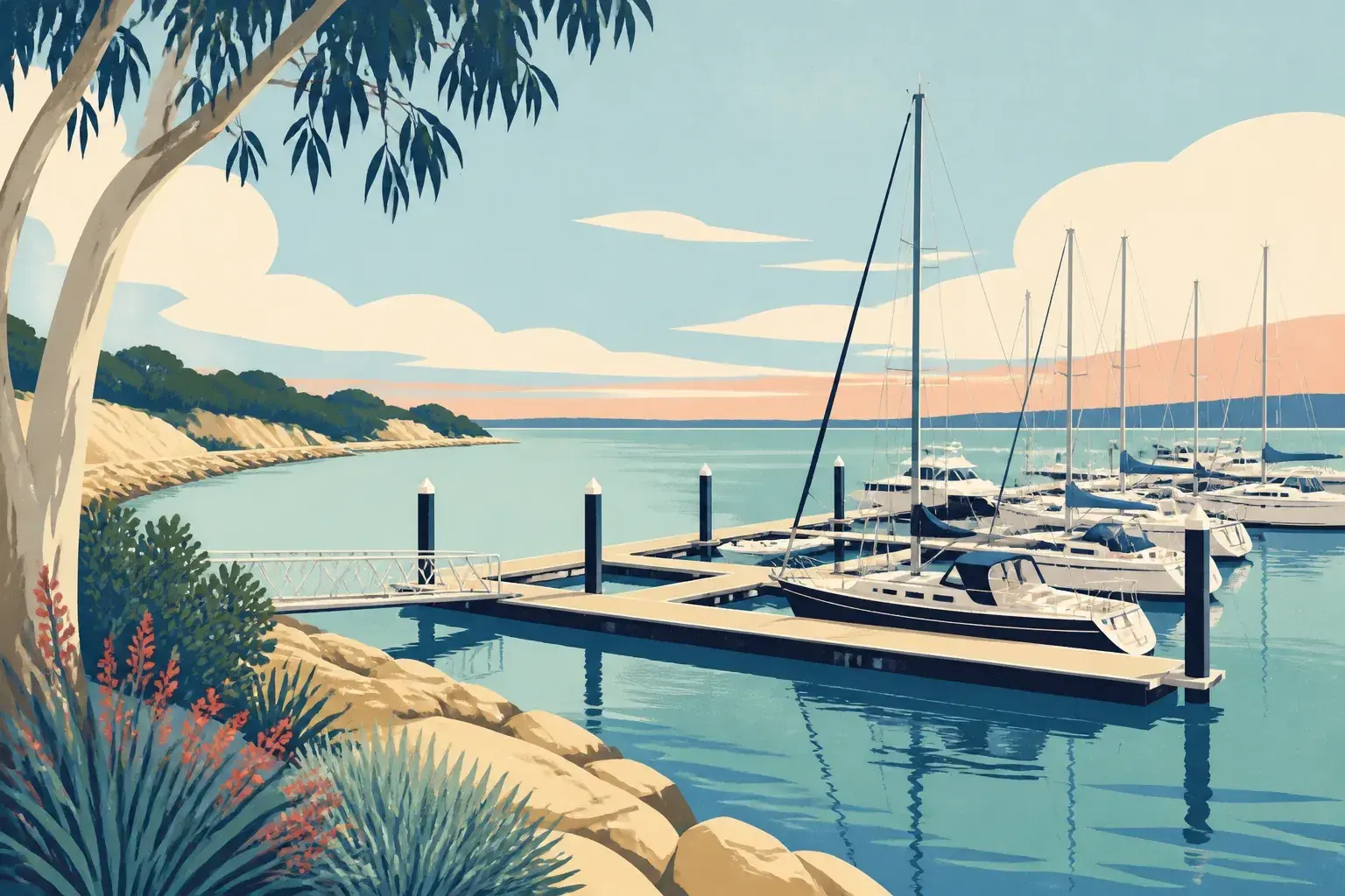 Editorial sailing illustration for Marina Martha Cove