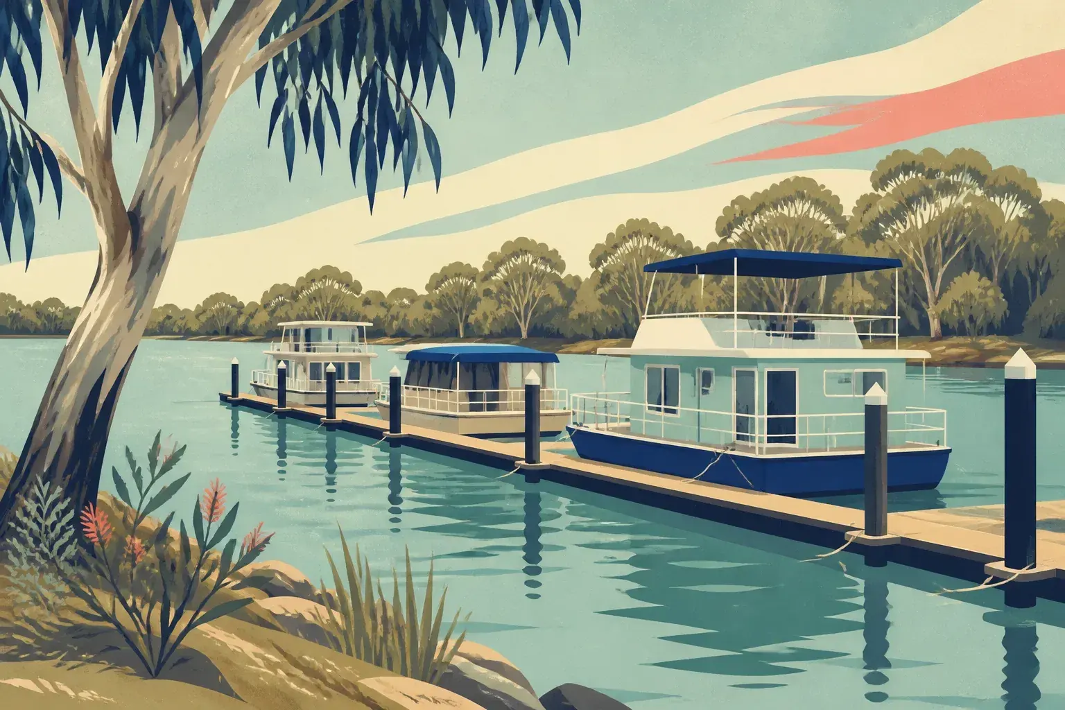 Editorial sailing illustration for Sturt Reserve Houseboat Moorings (Murray Bridge)