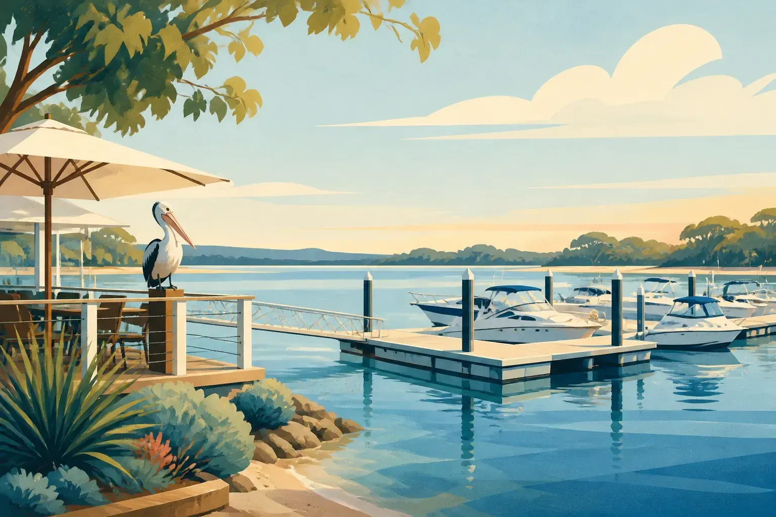 Editorial sailing illustration for Pelican Shores Cafe & Marina