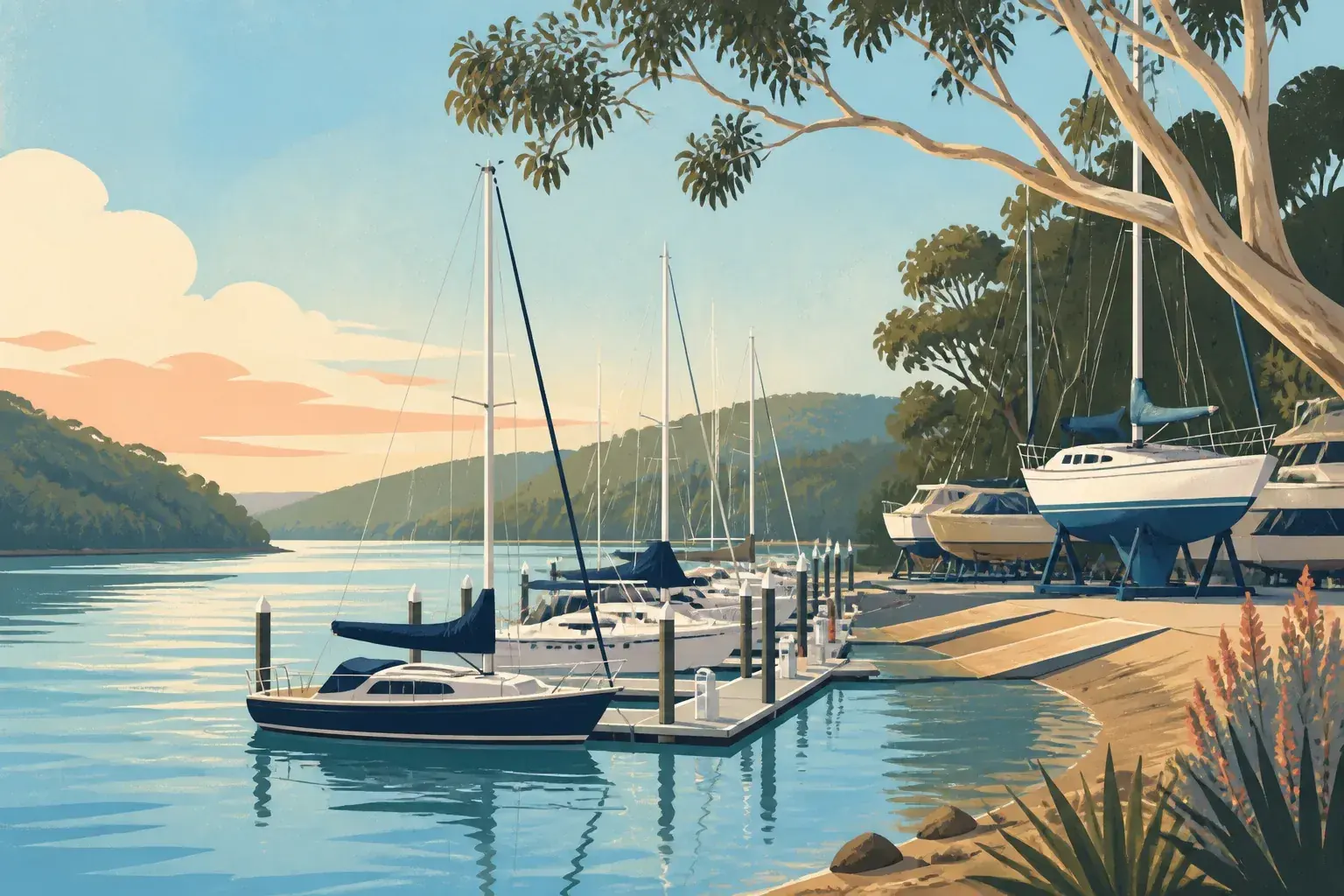 Editorial sailing illustration for Fenwicks Marina