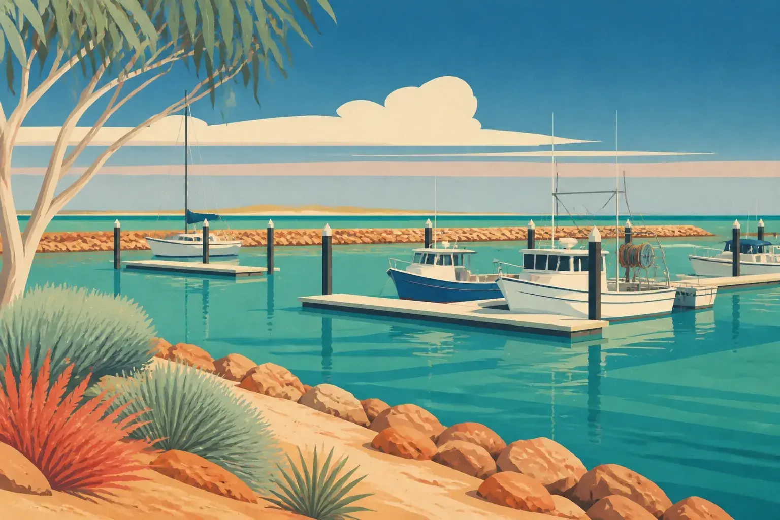 Editorial sailing illustration for Exmouth Boat Harbour