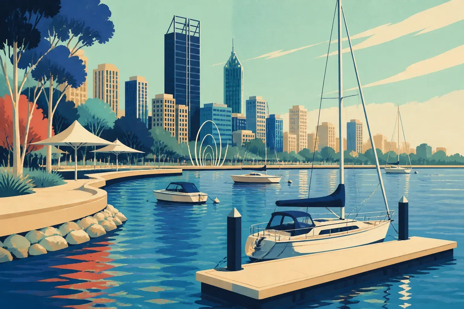 Editorial sailing illustration for Elizabeth Quay (Perth Water)