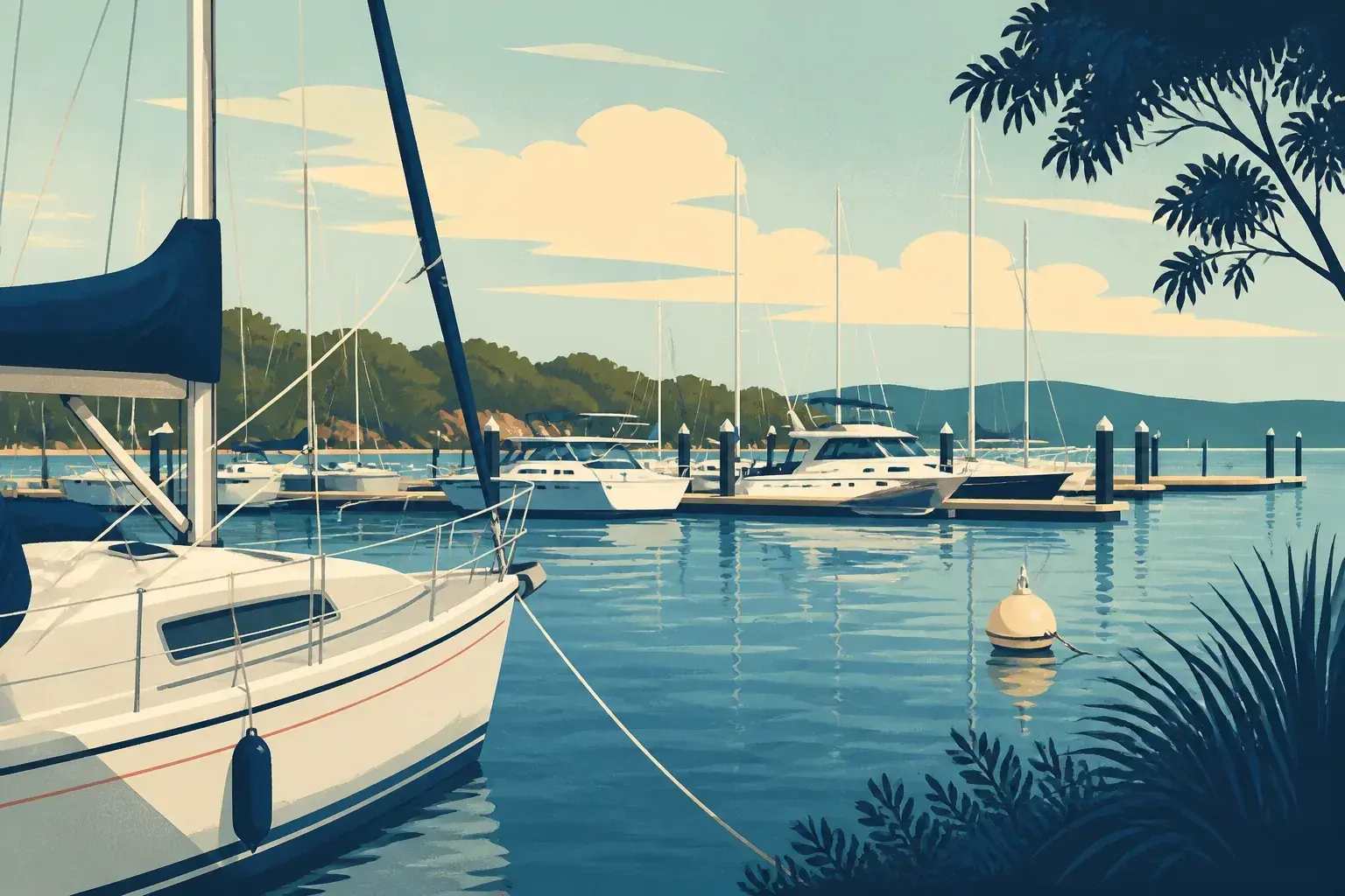 Editorial sailing illustration for Empire Marina Lake Macquarie (former Marmong Point Marina)