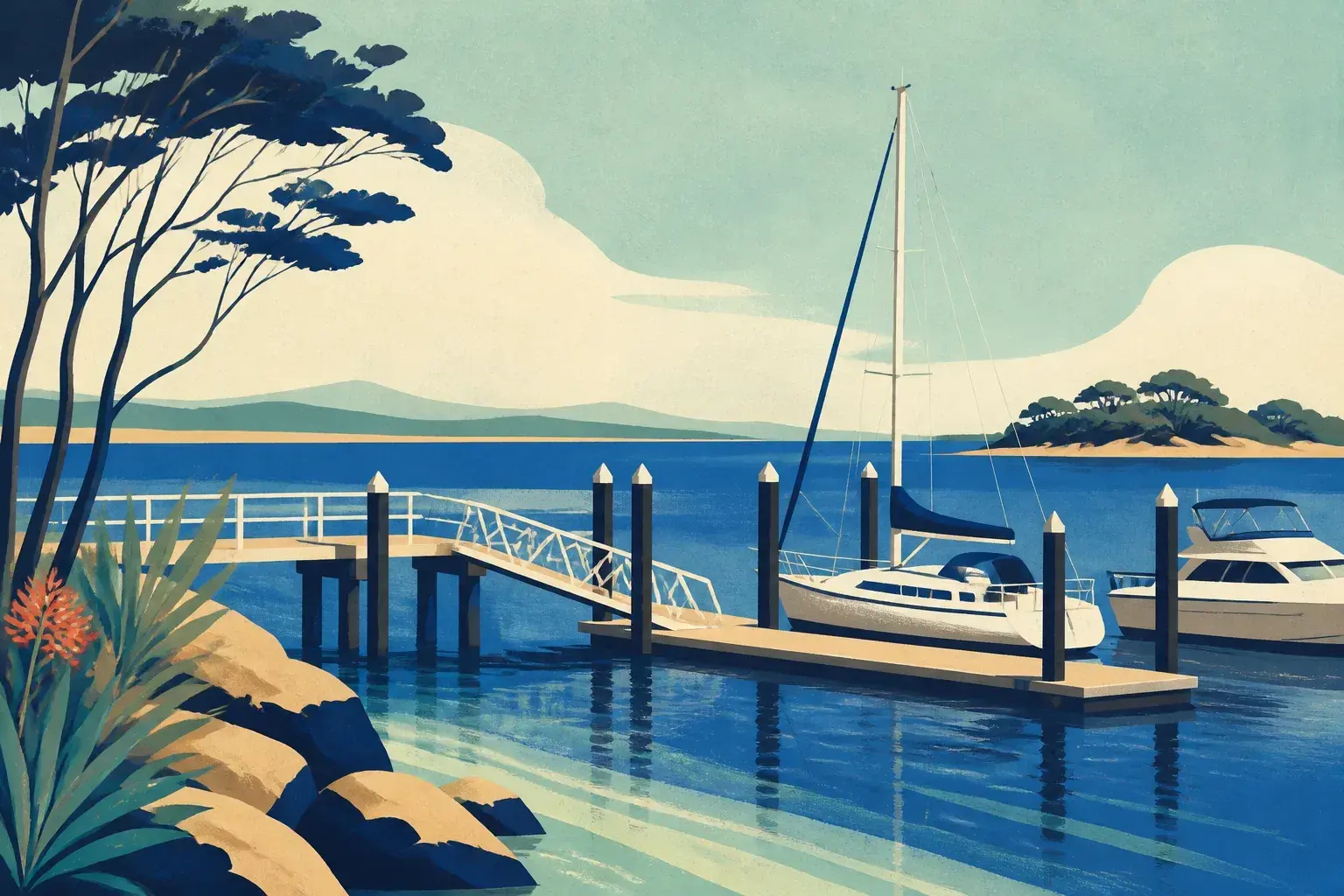 Editorial sailing illustration for Nelson Bay Boat Harbour Public Wharf