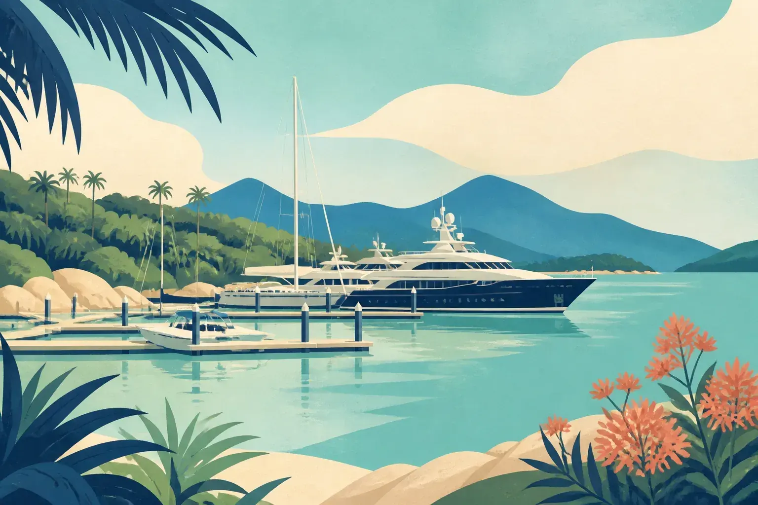 Editorial sailing illustration for Hayman Marina (InterContinental Hayman)