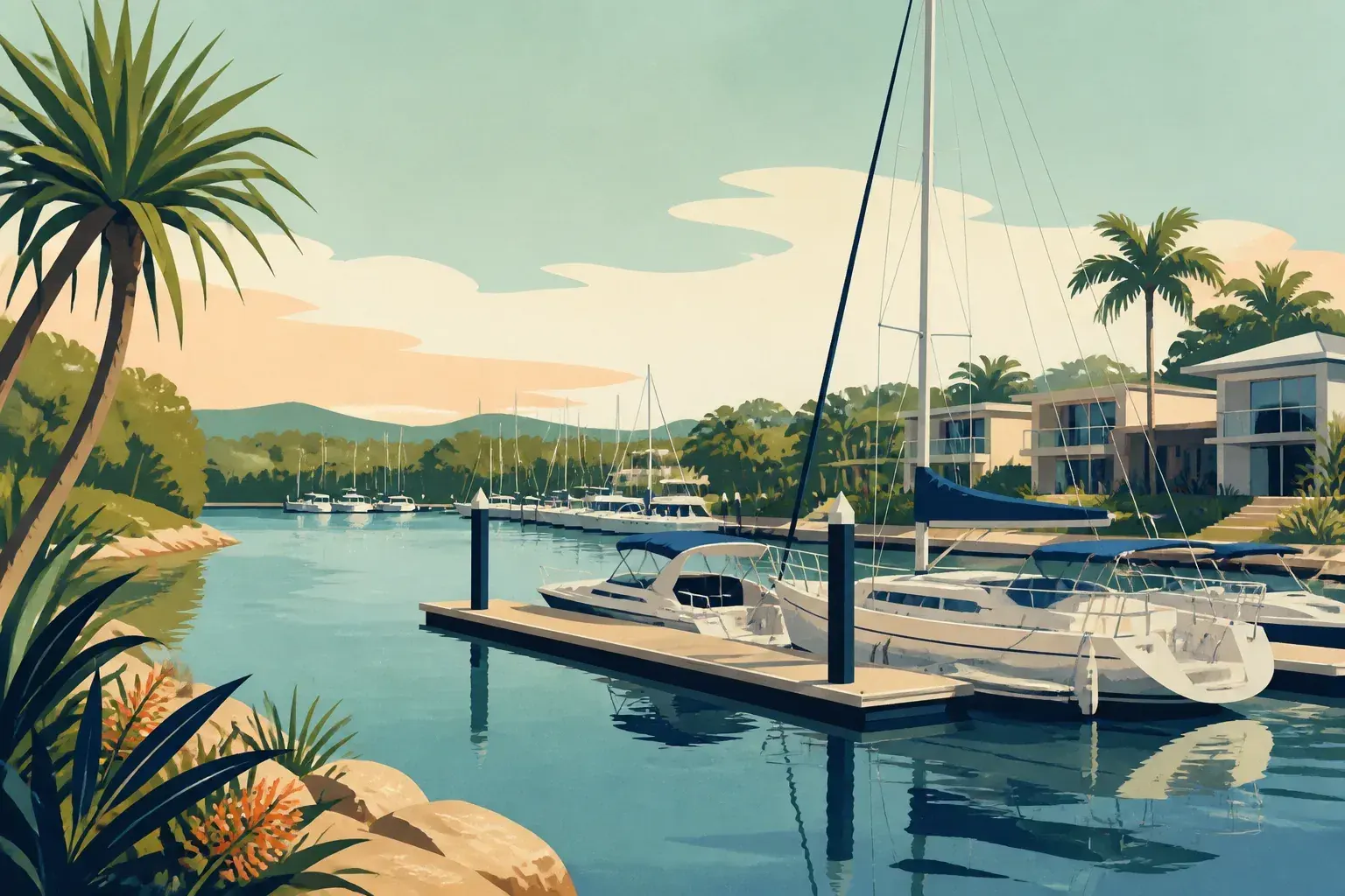 Editorial sailing illustration for Coomera Waters Marina