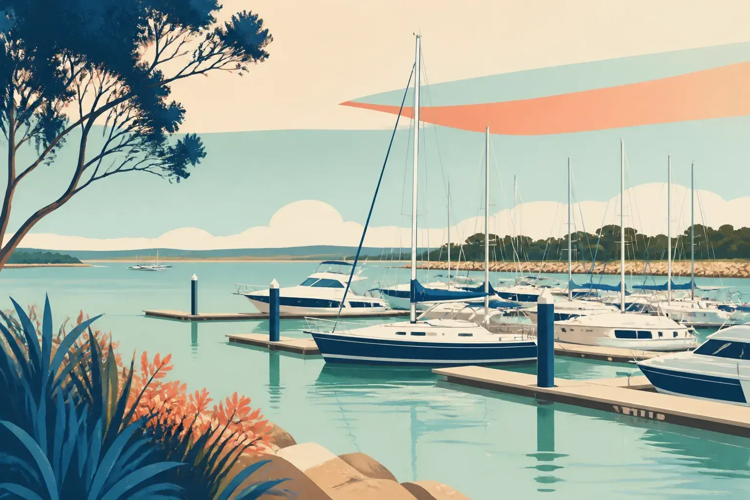 Editorial sailing illustration for Martha Cove Marina (d'Albora)