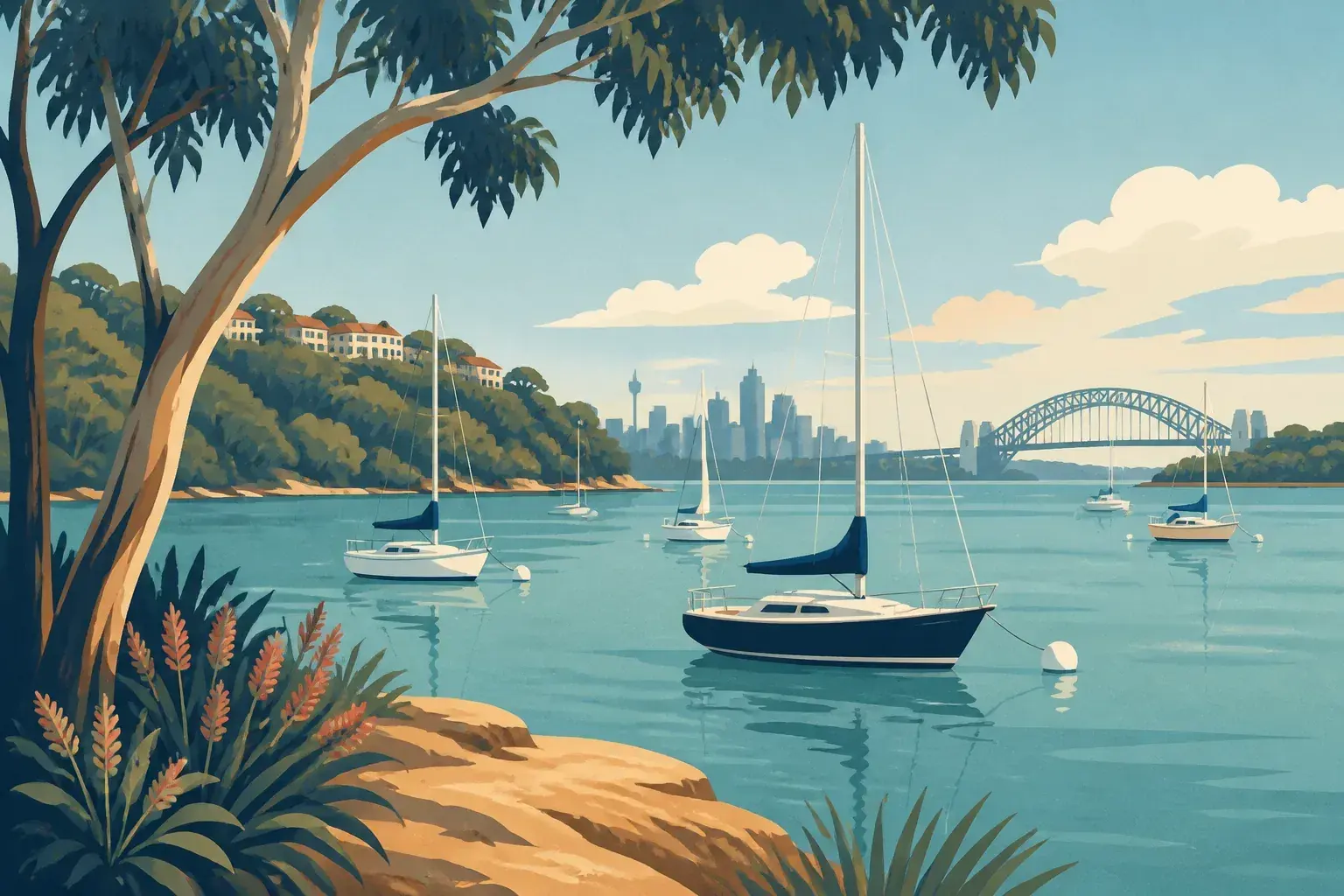 Editorial sailing illustration for Lavender Bay Boatshed (SailCorp)