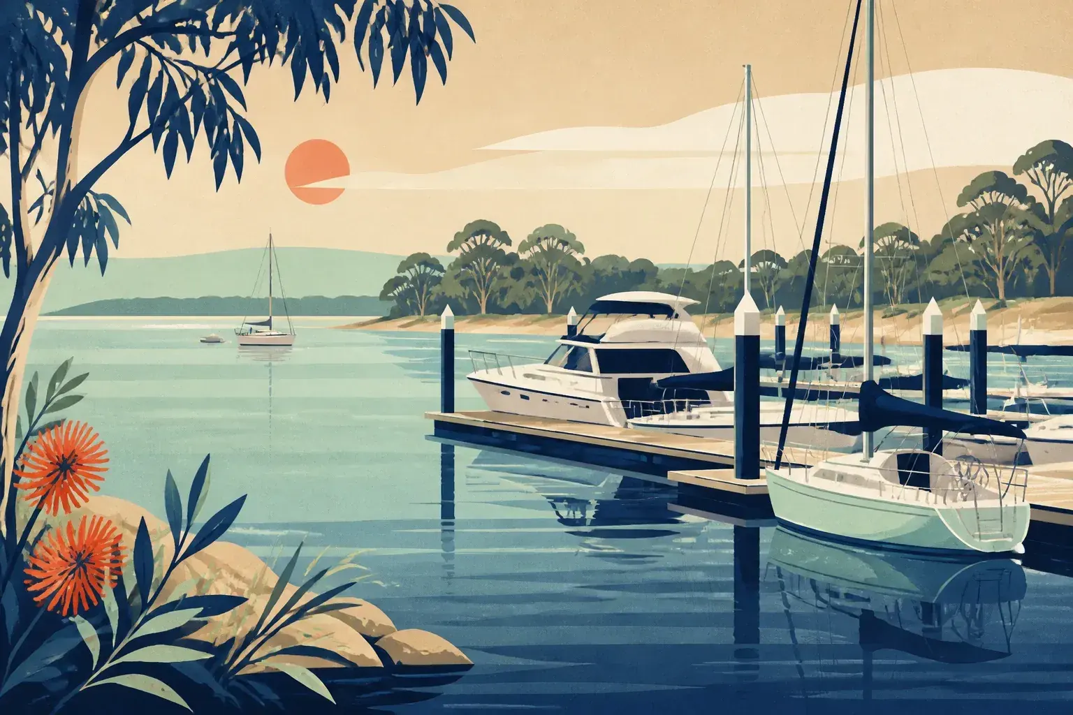 Editorial sailing illustration for Iluka Boatshed & Marina (Iluka Clarence River Marina)
