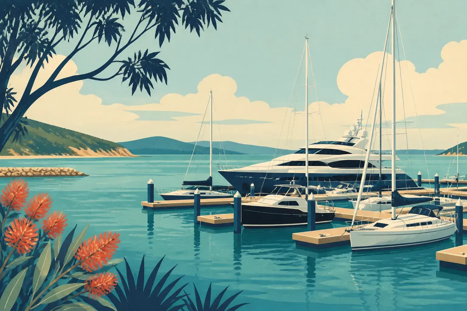 Editorial sailing illustration for d'Albora Marina Nelson Bay