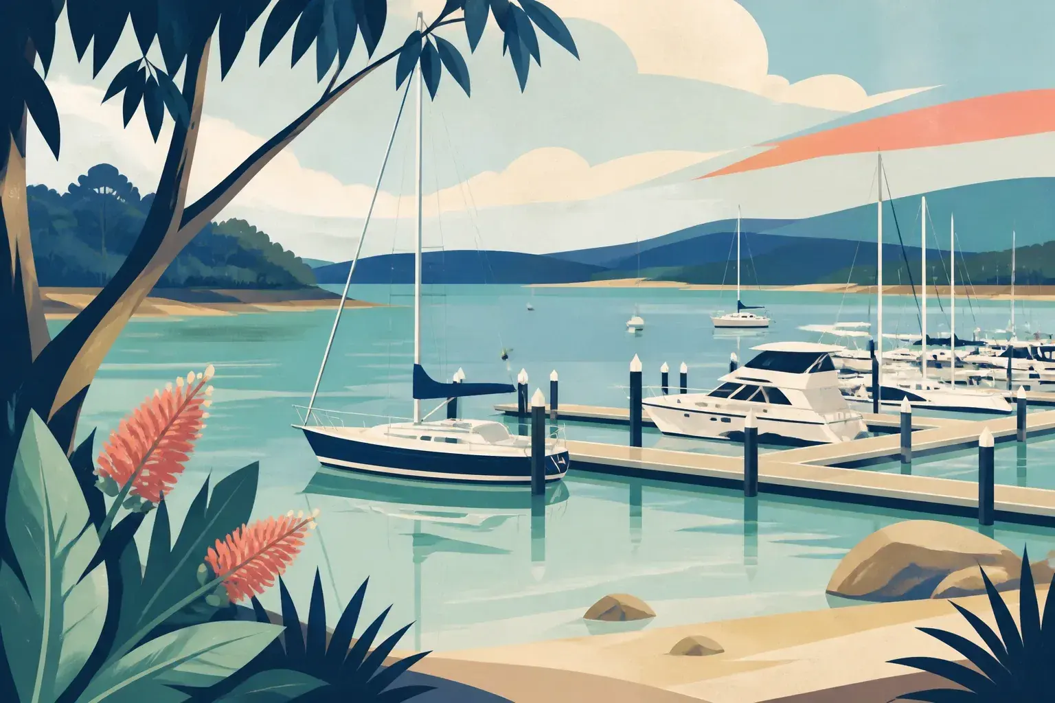 Editorial sailing illustration for d'Albora Batemans Bay Marina