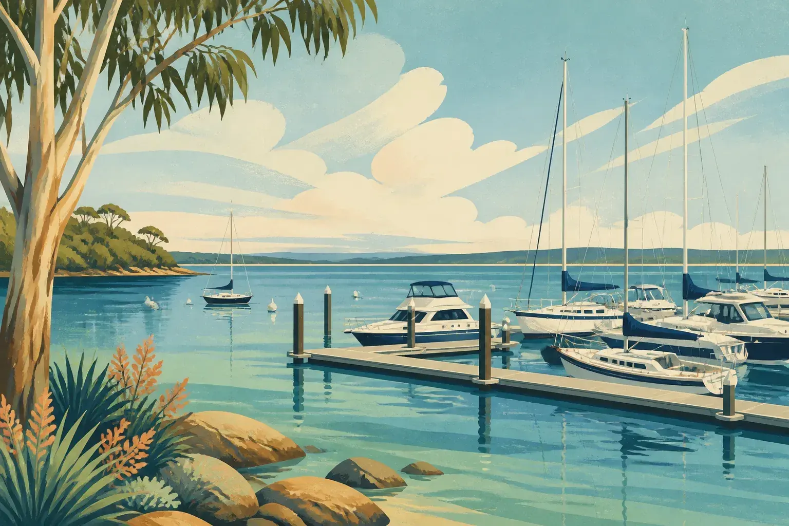 Editorial sailing illustration for Marks Point Marina