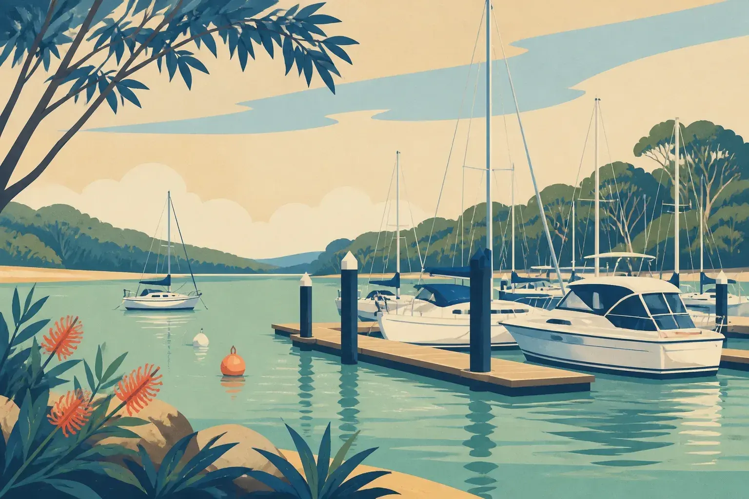 Editorial sailing illustration for Dunbogan Boat Shed & Marina