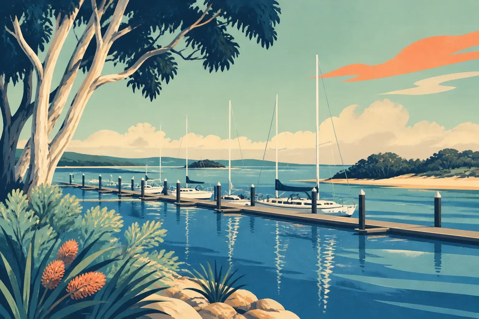 Editorial sailing illustration for Cunninghame Quay (Lakes Entrance)