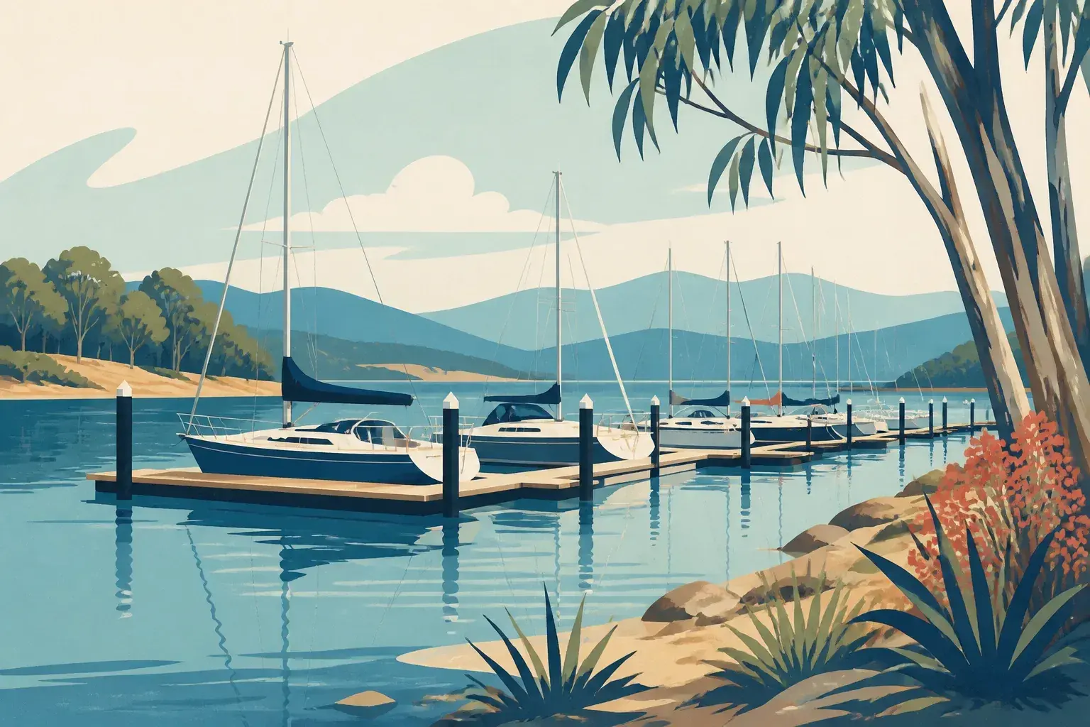 Editorial sailing illustration for Lake Eildon Marina