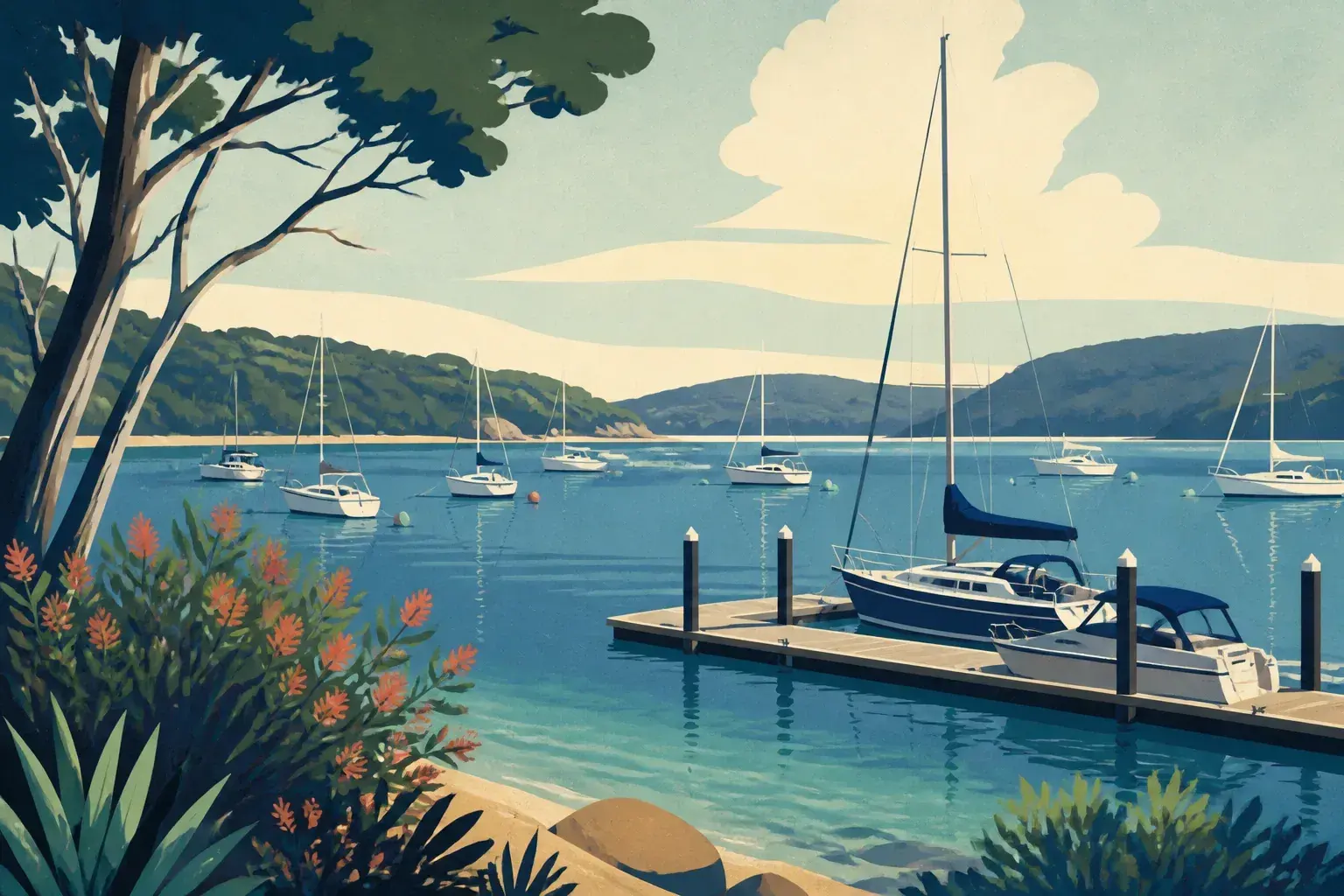 Editorial sailing illustration for Careel Bay Marina