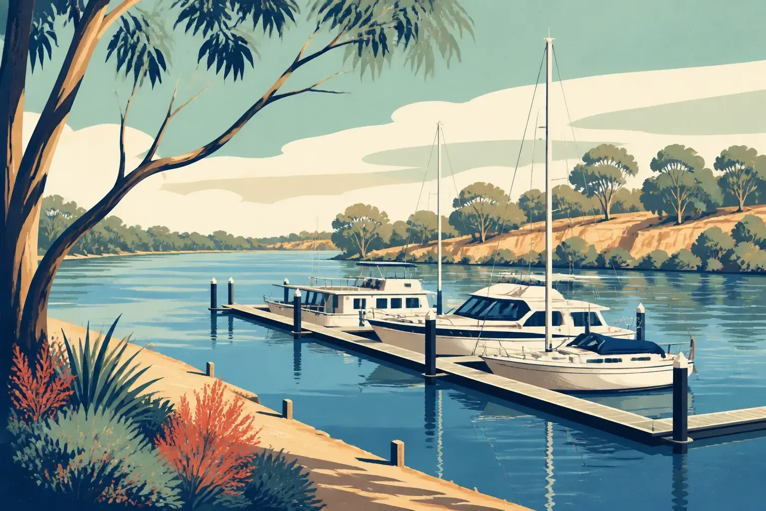 Editorial sailing illustration for Riverglen Marina