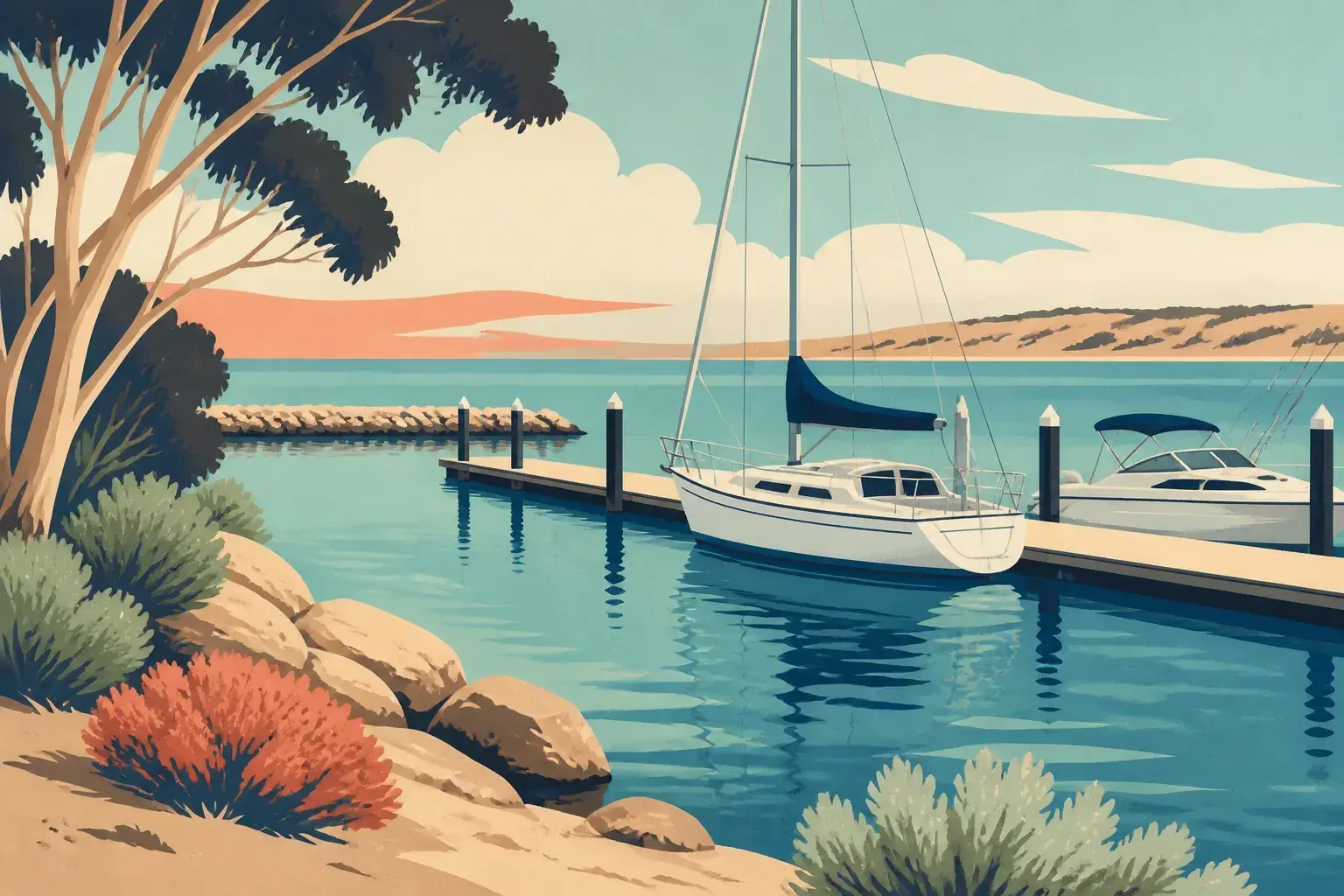 Editorial sailing illustration for Arno Bay Boat Harbour
