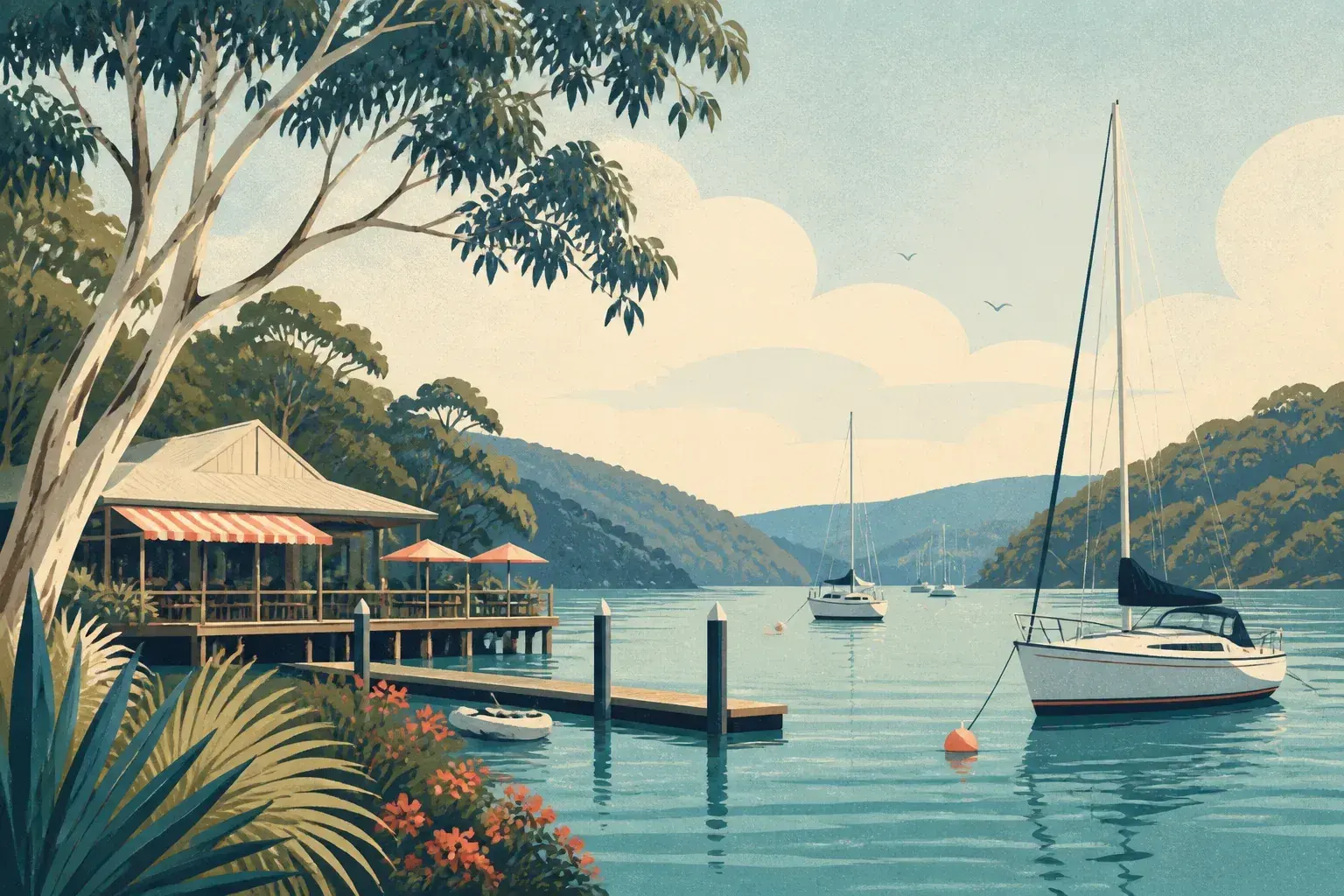 Editorial sailing illustration for Cottage Point Marina (Cottage Point Kiosk & Inn)