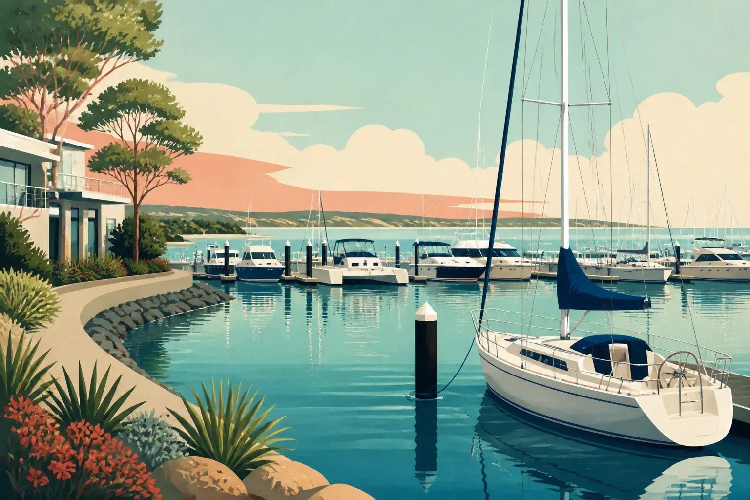 Editorial sailing illustration for Hidden Harbour Marina
