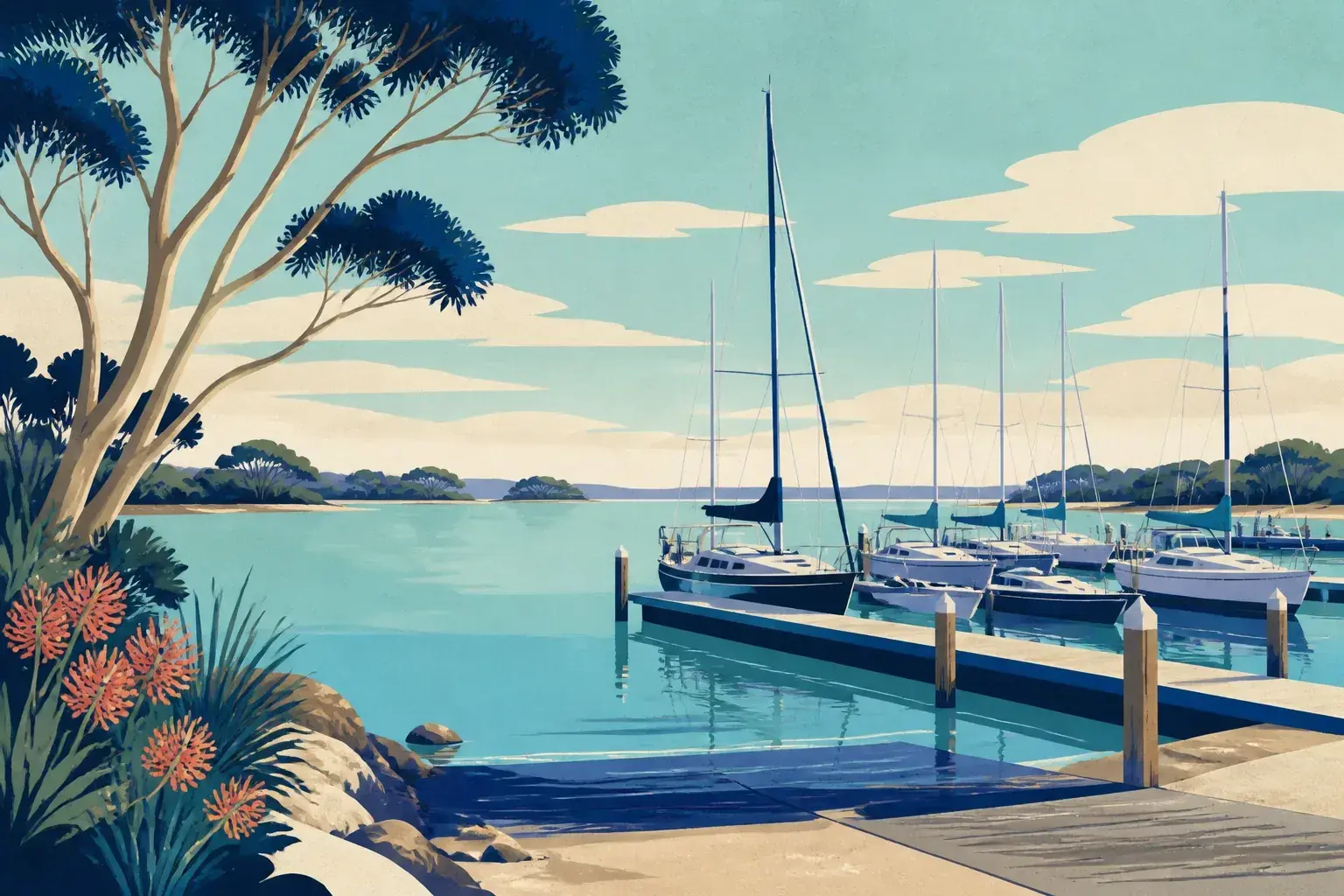 Editorial sailing illustration for Paynesville Slip Road Maritime Precinct Marina