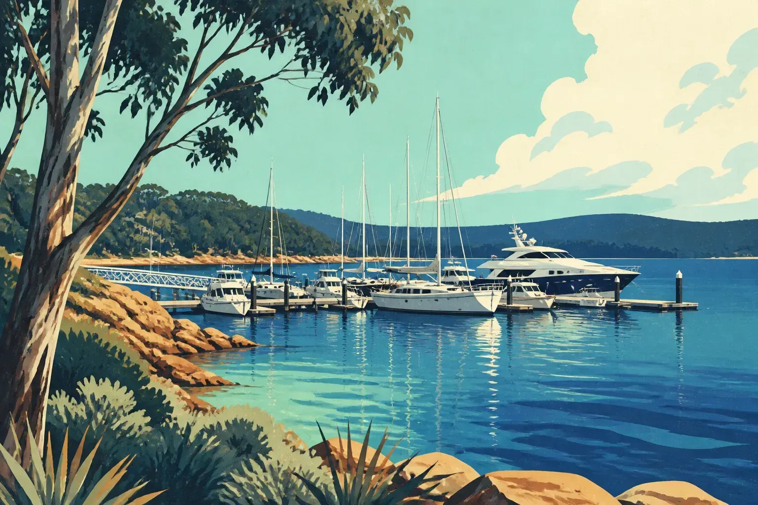 Editorial sailing illustration for Port of Eden (Snug Cove)