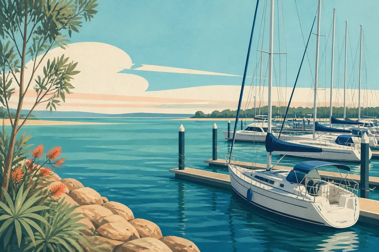 Editorial sailing illustration for Spinnaker Sound Marina (Sandstone Point Marina)