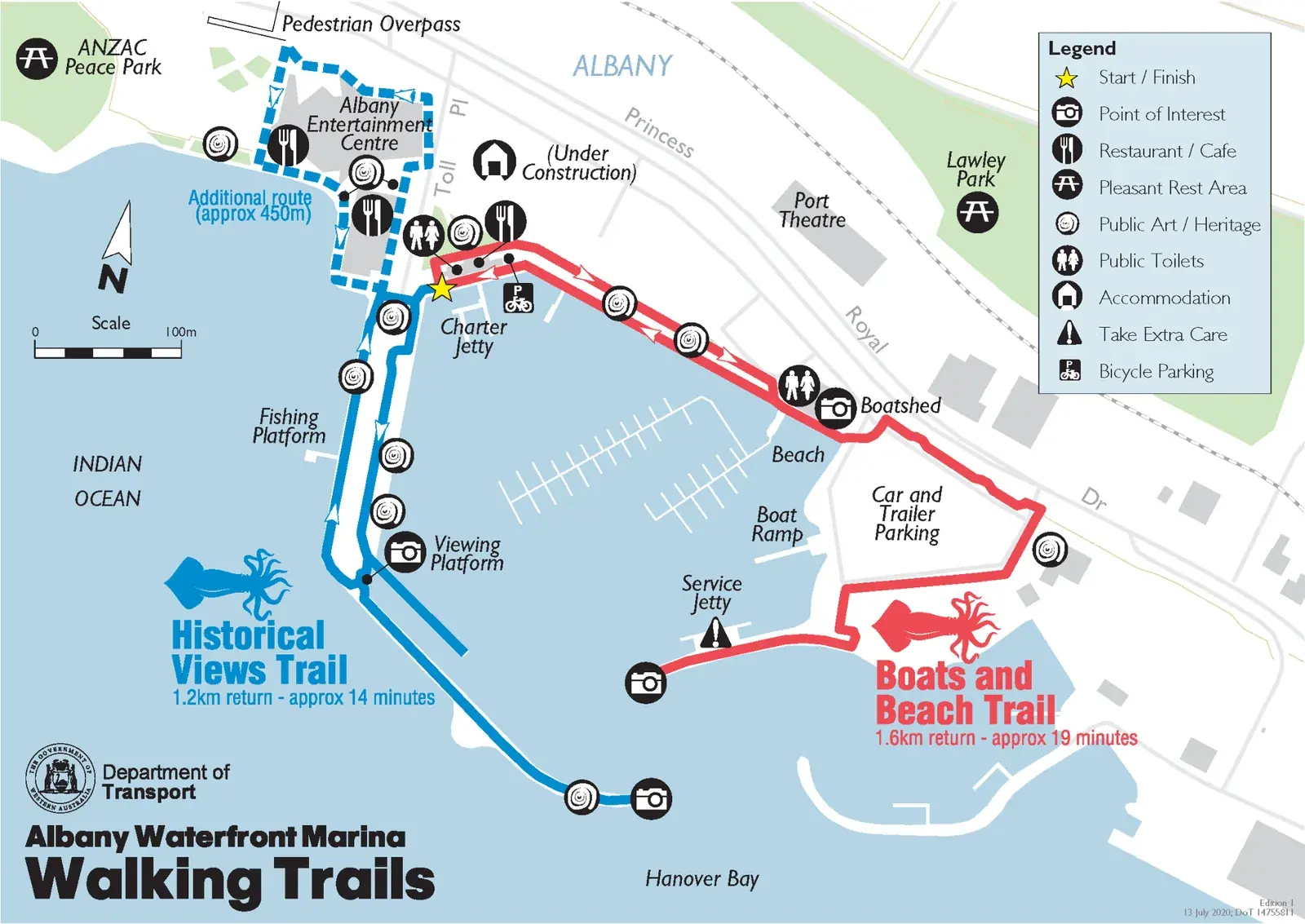 The Albany waterfront walking trail map outlines local walking trails around the marina which highlight local areas of interest.