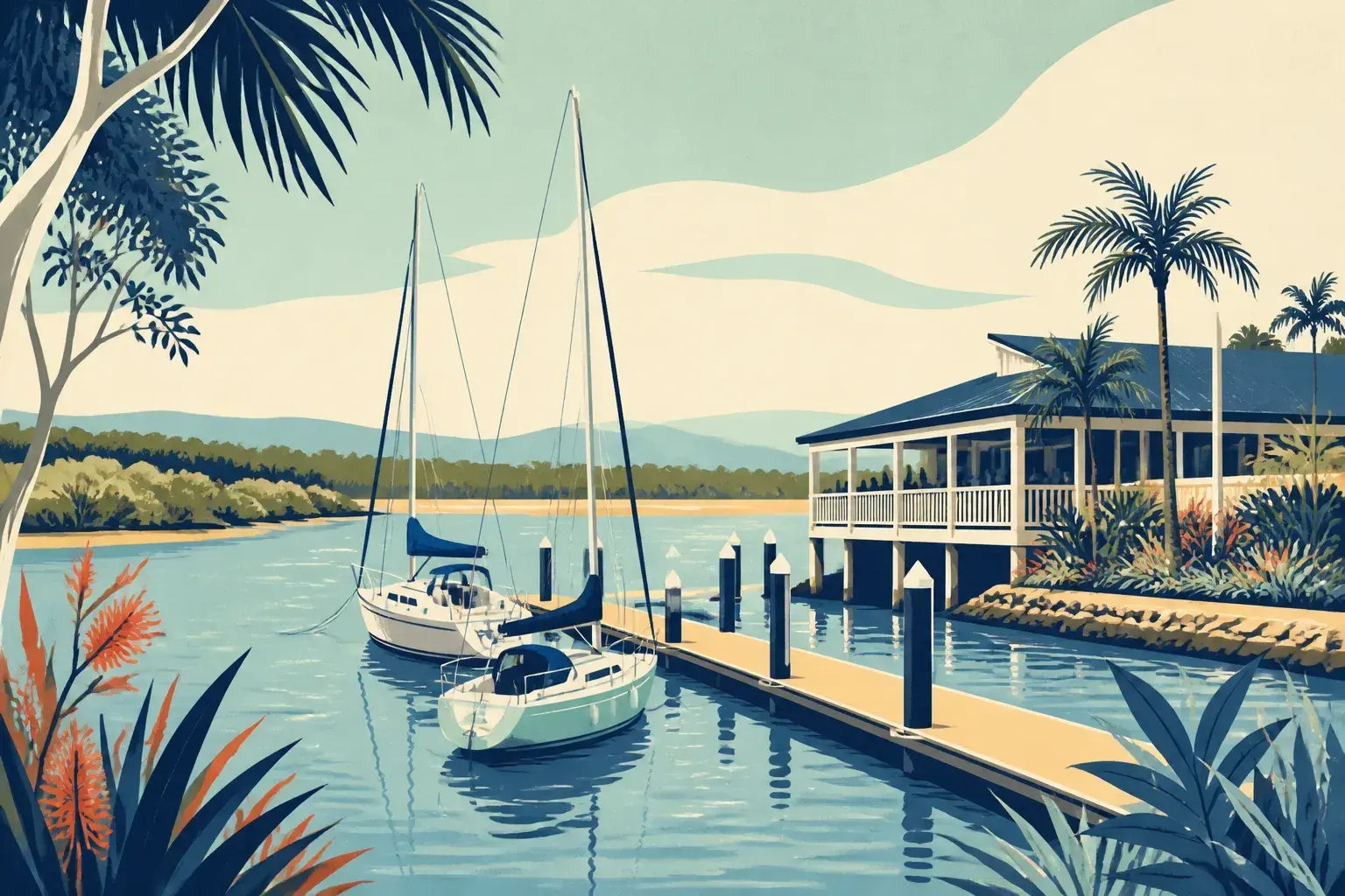 Editorial sailing illustration for Laurieton United Services Club Visitor Wharf