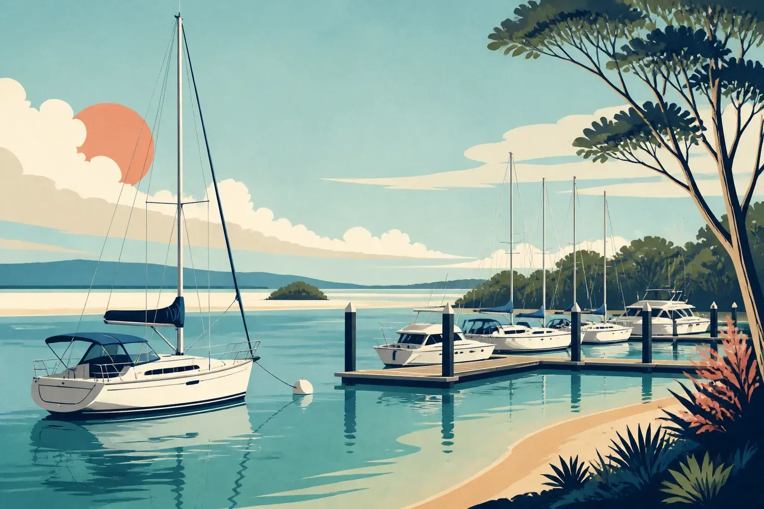 Editorial sailing illustration for Tin Can Bay Marina (d'Albora)