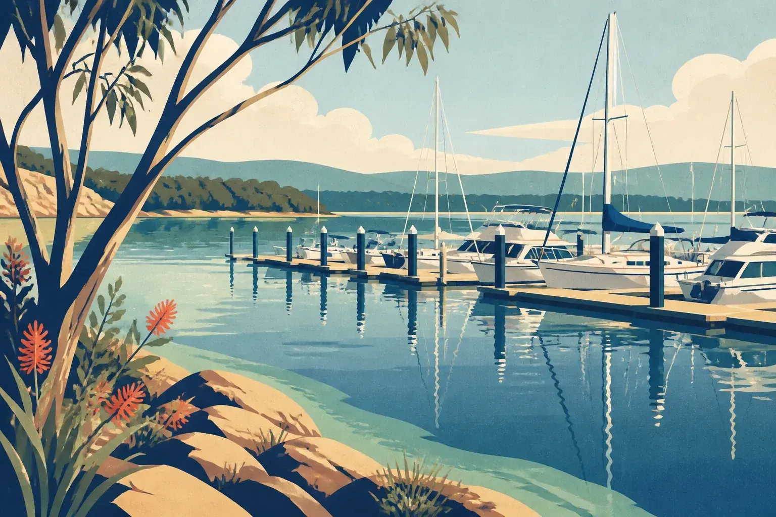 Editorial sailing illustration for The Quarterdeck Marina (Narooma)