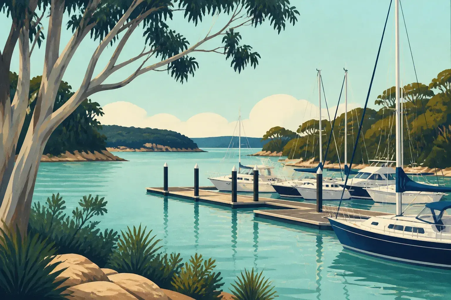 Editorial sailing illustration for Yowie Bay Marina (Andrew Short Marine)