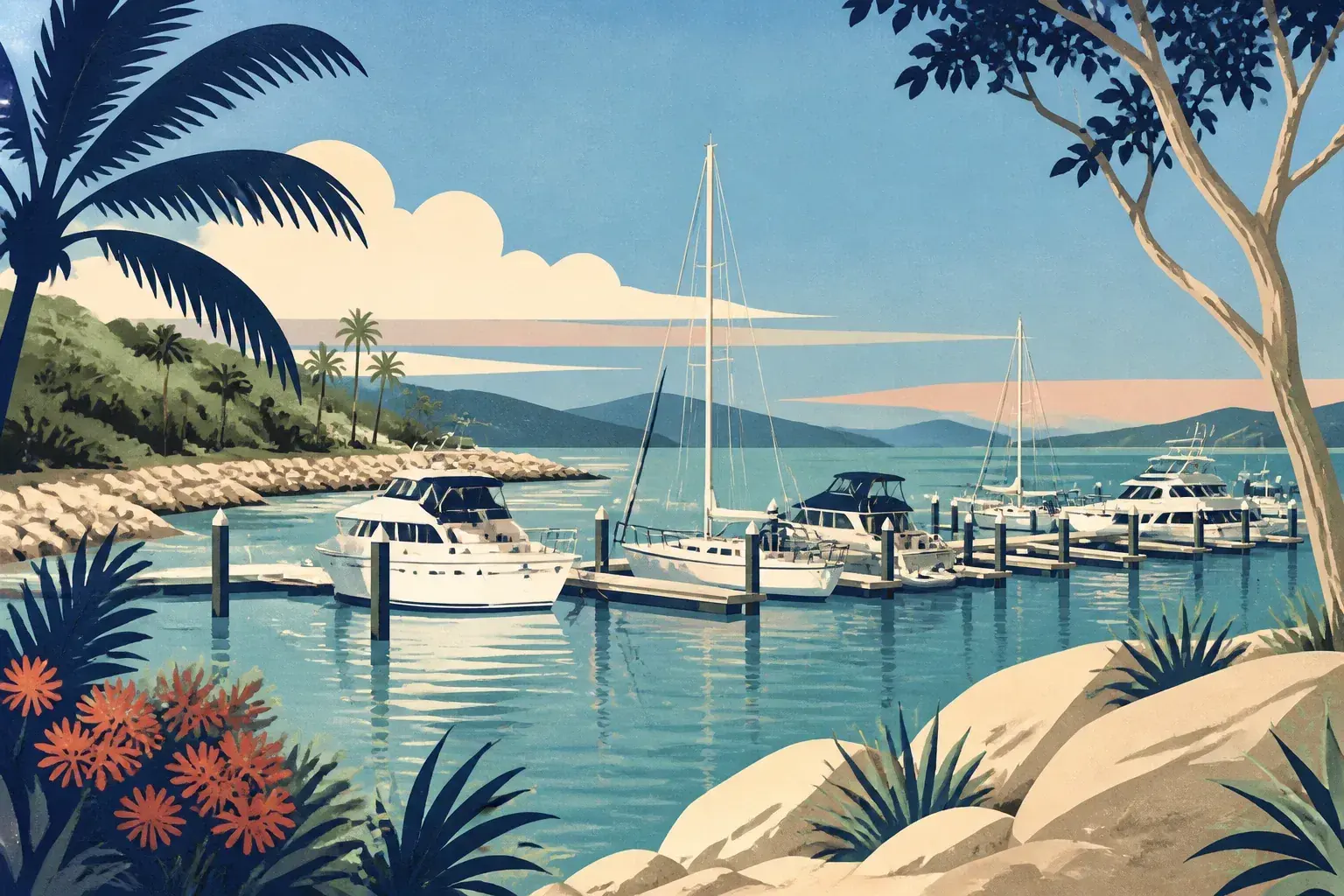 Editorial sailing illustration for Shute Harbour Marina
