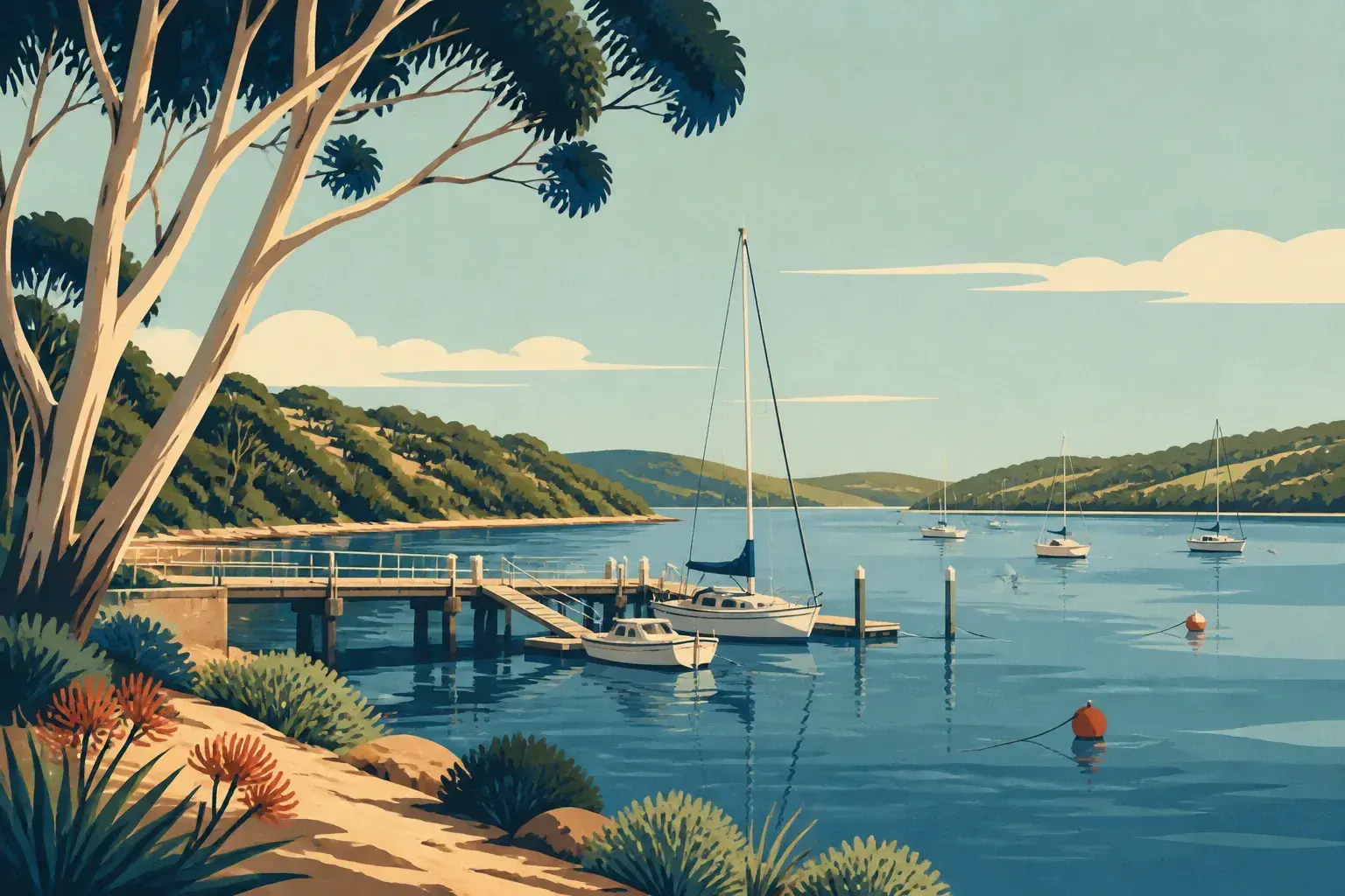 Editorial sailing illustration for American River Wharf & Moorings