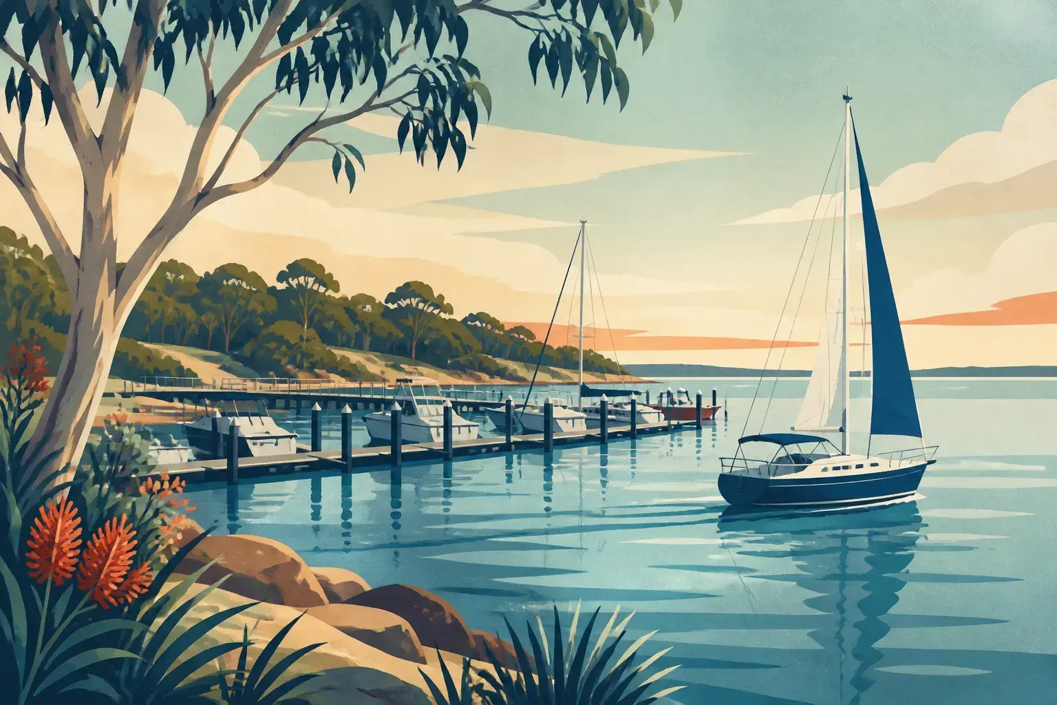Editorial sailing illustration for Metung Marina