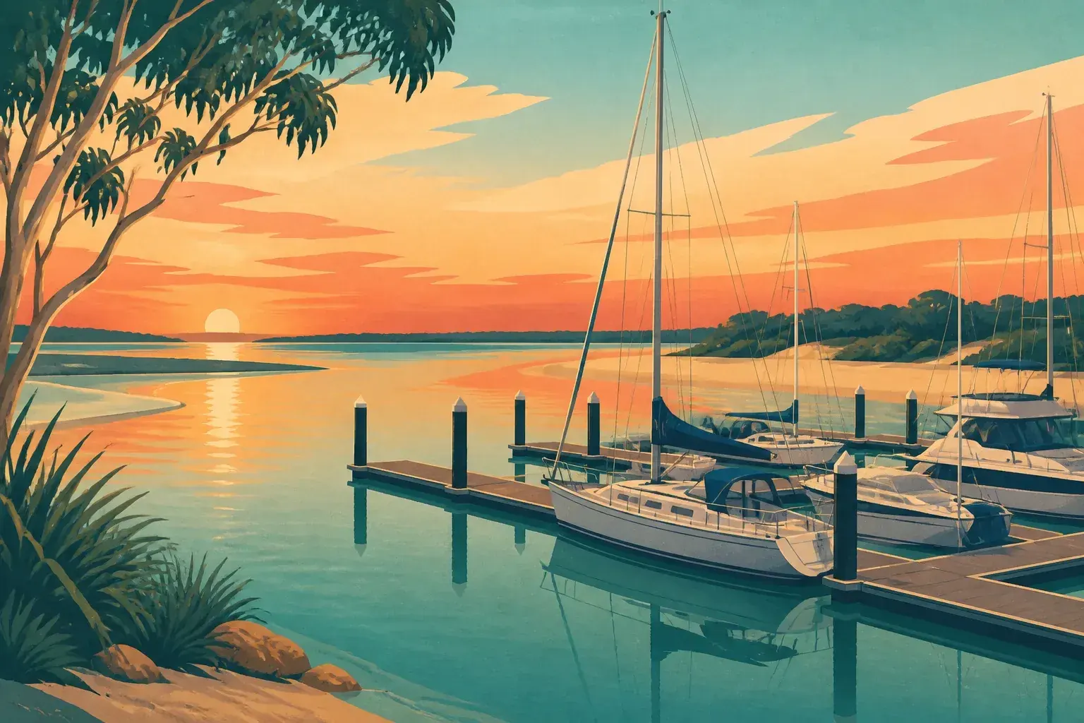 Editorial sailing illustration for Sunset Harbour Marina (Carlo Point)