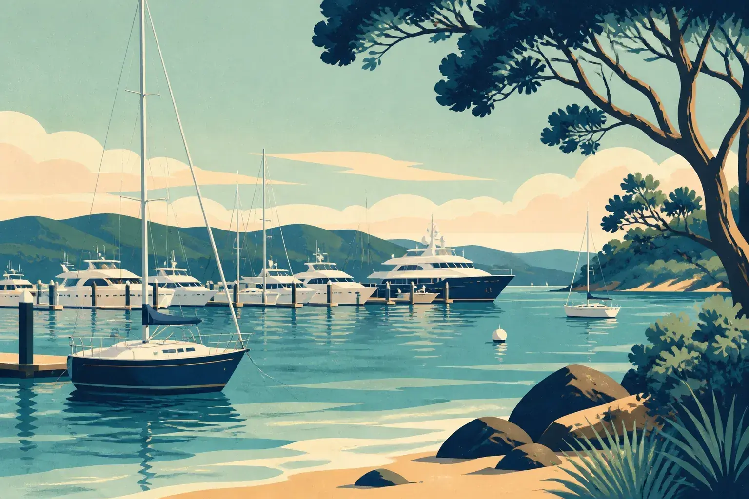 Editorial sailing illustration for The Anchorage Marina by d'Albora