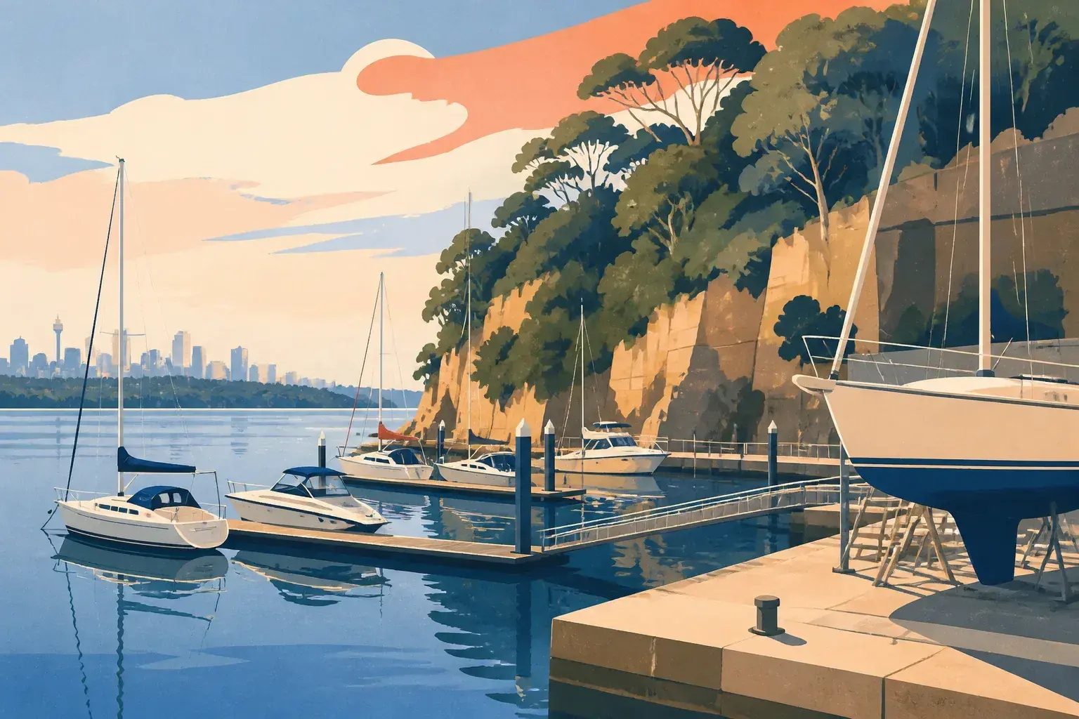Editorial sailing illustration for Sutherland Dock Berths (Cockatoo Island)