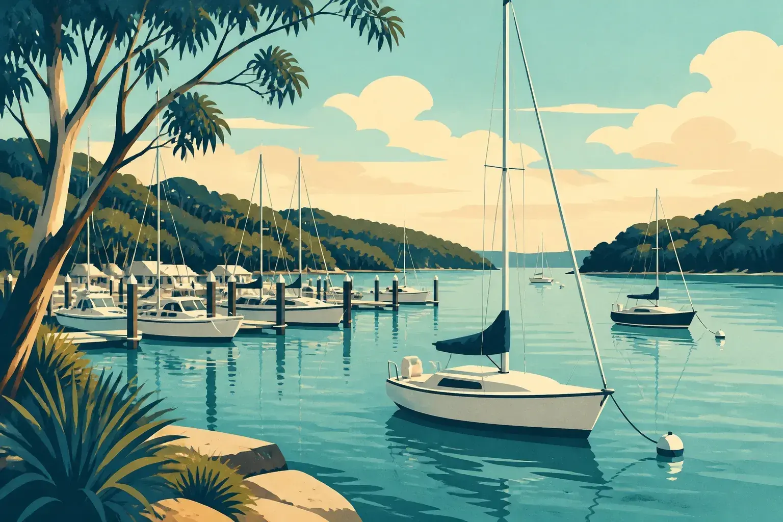 Editorial sailing illustration for Dolans Bay Marina