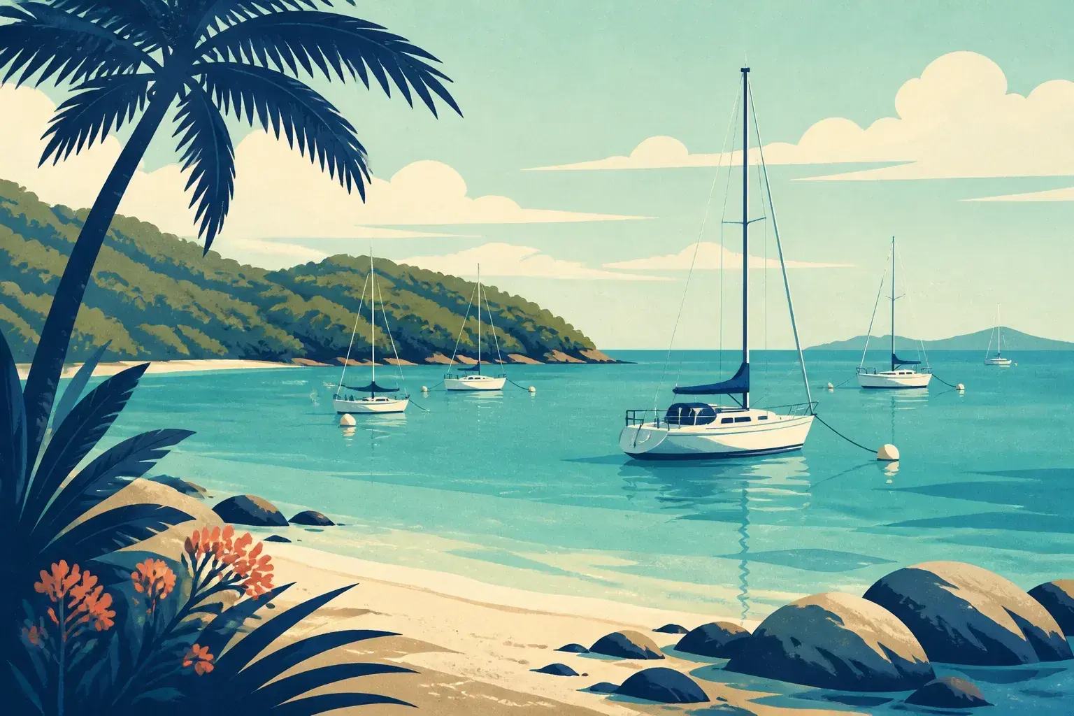 Editorial sailing illustration for Palm Bay Resort Moorings