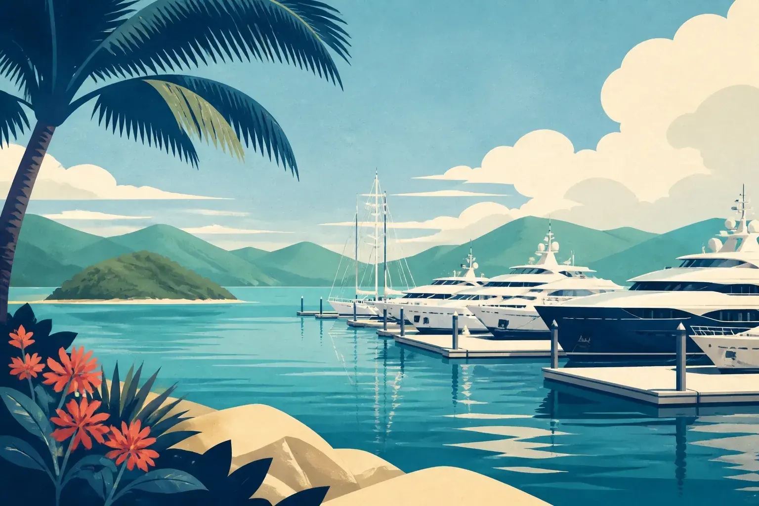 Editorial sailing illustration for Coral Sea Marina